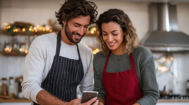 A happy couple enjoys cooking together in a warm kitchen, using a smartphone for recipes. The atmosphere is joyful and intimate, perfect for home cooking.