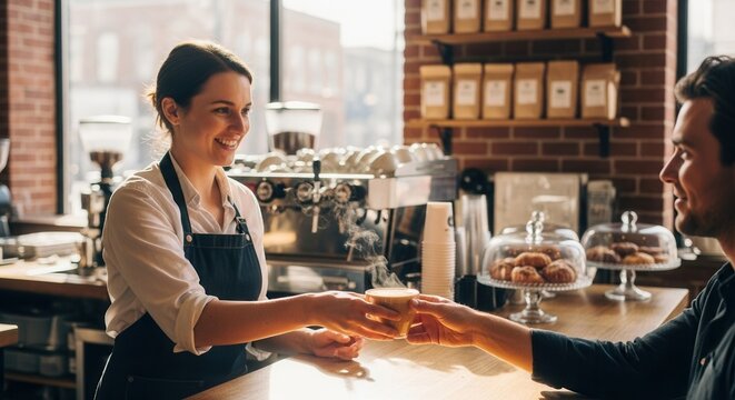 A barista hands a cup of coffee to a customer in a warm, inviting cafe. The atmosphere is friendly and relaxed, perfect for socializing or working.