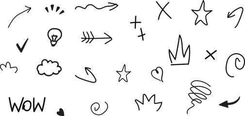 Hand drawn sketch heart, arrow, star, flower decoration symbols. Simple sketch line style emphasis, attention, graphic elements. Vector illustration