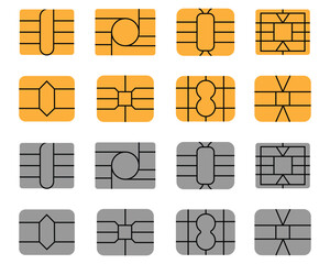 Collation of EMV chip icon yellow and silver colour. SIM Emv credit card chip golden icon. Square computer microchips for credit debit cards. Smart payment security vector illustration. 