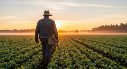 Fototapeta premium A farmer walks through lush green fields at sunrise, surrounded by mist and nature. The scene captures the tranquility of rural life and agriculture.