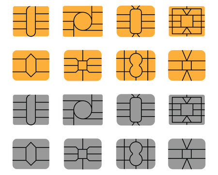 Collation of EMV chip icon yellow and silver colour. SIM Emv credit card chip golden icon. Square computer microchips for credit debit cards. Smart payment security vector illustration. 