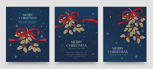 Luxury Blue and Gold Christmas Greeting Poster — Elegant Holly and Red Ribbon Holiday Vector Design © BrandPacks