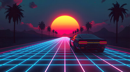 Car on road with neon gridlines and palm trees against sun background