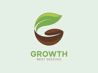 A modern logo design featuring an abstract representation of growth with a leaf and coffee bean, symbolizing sustainability and freshness in a simple yet effective visual style.