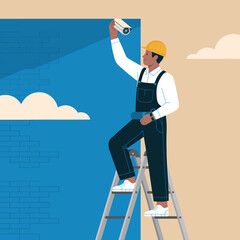 This image showcases a construction worker wearing a helmet installing a security camera, reflecting the importance of safety and surveillance in today's world.