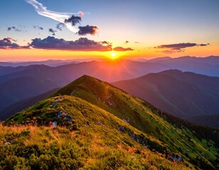 Stunning mountain vista at sunset. Sun bursts over peaks, casting golden light on the hills and valley. Dramatic clouds and vibrant hues create a picturesque landscape
