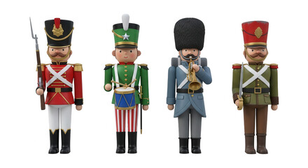 Four decorative nutcracker soldier figures in uniform isolated on transparent background