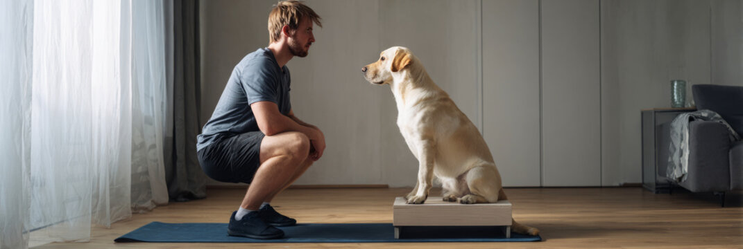 A young man is engaging in squats on a yoga mat, with his Labrador dog standing on a small platform next to him, promoting fitness and companionship in a home setting, banner