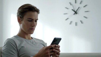 Focused young man engrossed in his smartphone, a modern clock ticking in the background, conveying digital connection and modern living - Powered by Adobe