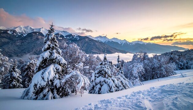 Snowy vista captures pine trees, distant mountains, and a vibrant sunrise casting golden hues. A path is visible