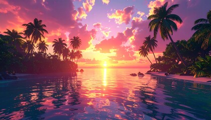 Sunset over tropical paradise, with palm trees silhouetted against a vibrant sky reflecting on calm ocean water
