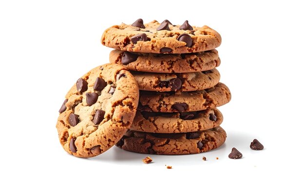 Stack of delicious-looking chocolate chip cookies isolated against a white backdrop, one cookie leaning to the side - Powered by Adobe