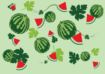 Illustration of a cartoon watermelon and triangular slices
