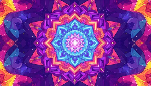 Symmetrical digital design features vibrant layers of color and geometric shapes, radiating outward like a flower or celestial body - Powered by Adobe
