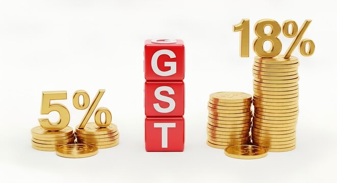 GST Tax Concept with Red Blocks and Coin Stacks Showing 5 Percent and 18 Percent Rates on White Background