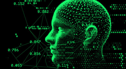 Digital vector illustration features a pixelated human head in profile in neon green and black. The style is futuristic and abstract, combining geometric shapes, numbers, and data for an AI theme.