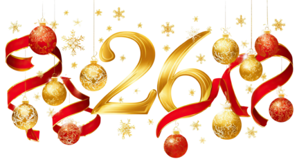 Festive 2026 New Year Celebration Design Classic Red Ribbon on Transparent Background