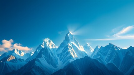 Fototapeta premium A majestic mountain range under a clear blue sky, with snowcapped peaks glistening in the sunlight, creating a breathtaking and serene landscape, inviting exploration and wonder