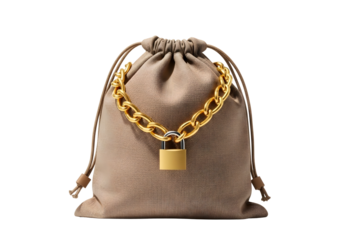 Burlap money bag secured with a golden chain and padlock isolated on transparent background