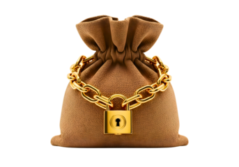 Burlap money bag secured with a golden chain and padlock isolated on transparent background