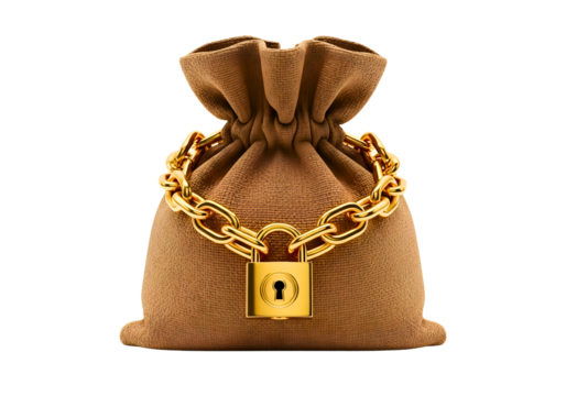 Burlap money bag secured with a golden chain and padlock isolated on transparent background