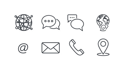 Collection of eight modern line icons representing communication and contact methods, including a global network, speech bubbles, an email envelope, a telephone receiver, an '@' symbol, a world map