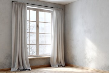 Fototapeta premium Empty interior room features large paneled window covered by flowing light fabric draperies