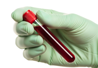Hand in glove holding blood sample tube isolated on transparent background