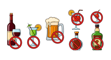Collection of prohibited alcohol drinks and bottles, including wine, cocktails, beer, and spirits, illustrated with red prohibition signs on a white background, perfect for interface elements, posts