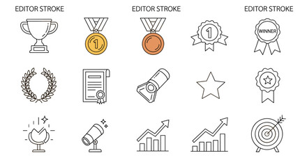 Collection of simple award and success icons with editable stroke, perfect for infographics, articles, books, flyers, and banners, featuring a trophy, medals, laurel wreath, certificate, spotlight