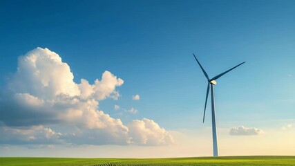Wind turbine generating clean energy in a field of crops under a blue sky. Renewable energy concept. - Powered by Adobe