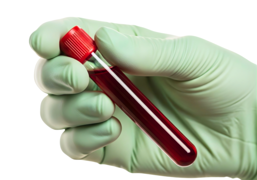 Hand in glove holding blood sample tube isolated on transparent background - Powered by Adobe