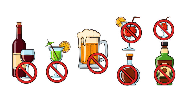 Collection of prohibited alcohol drinks and bottles, including wine, cocktails, beer, and spirits, illustrated with red prohibition signs on a white background, perfect for interface elements, posts