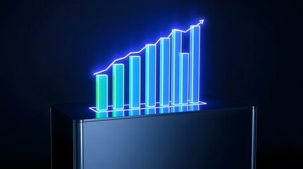 A vibrant, futuristic bar graph with an ascending line, illuminated in neon blue and green, showcasing growth and progress against a dark, reflective surface