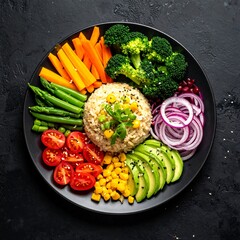 Colorful, healthy vegan bowl rice, vegetables, avocado, and pomegranate on a black plate
