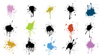 Paint splatter colorful set. Round splash flat collection, decorative shapes liquids. Different splashes and drops, cartoon spatters. Stain colored ink collection. Isolated vector illustration © Creative