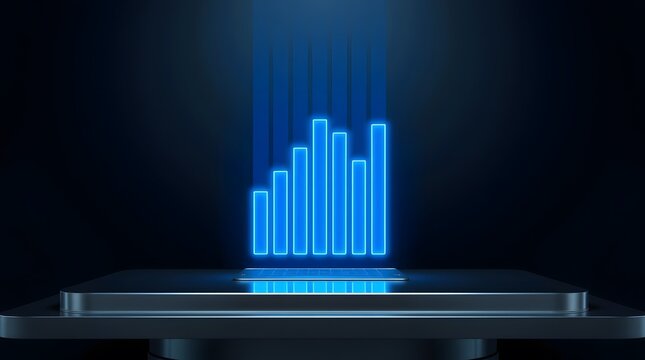 A captivating 3d render showcases a vibrant blue equalizer display, emanating a futuristic glow against a sleek, dark backdrop, symbolizing technology and innovation