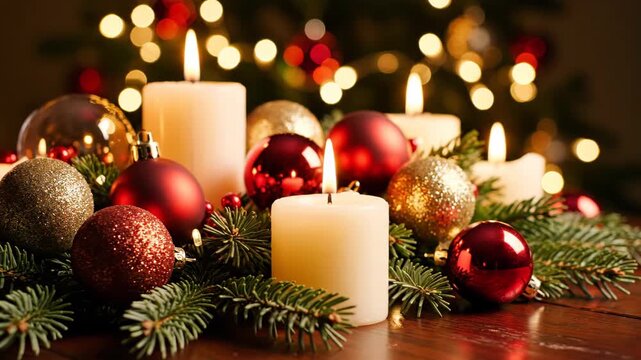 Cozy Christmas Advent centerpiece with lit candles, red and gold ornaments, and fir branches on a wooden table with a warm bokeh light background.
