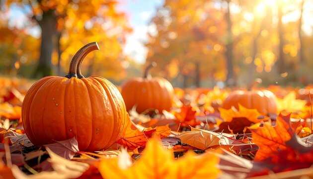 Sunny autumn scene with pumpkins, fallen leaves, and trees with vibrant foliage. A warm glow bathes the scene, indicating a sunny day