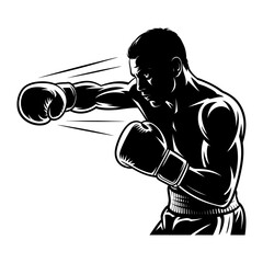 boxing fighter silhouette throwing punch in action pose black and white vector illustration of strong athlete
