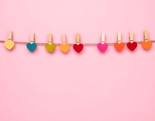 Colorful heart-shaped cutouts clipped to a string, arranged in a row against a pink backdrop