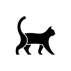 Silhouette of a cat walking with its tail raised high on transparent background