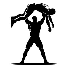 silhouette of wrestler lifting opponent overhead in powerful move black and white vector illustration of strength