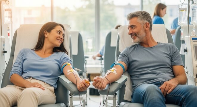 A man and woman smiling at each other while donating blood in a clinic. The atmosphere is friendly and supportive, promoting community health.