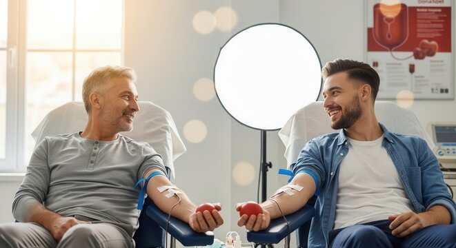 Two men smiling at each other while donating blood in a bright, modern donation center. The atmosphere is friendly and supportive.