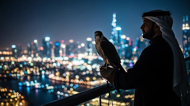 An Arab man with a falcon overlooks the Dubai skyline at night. The juxtaposition of ancient tradition and modern city life. A concept of vision and success