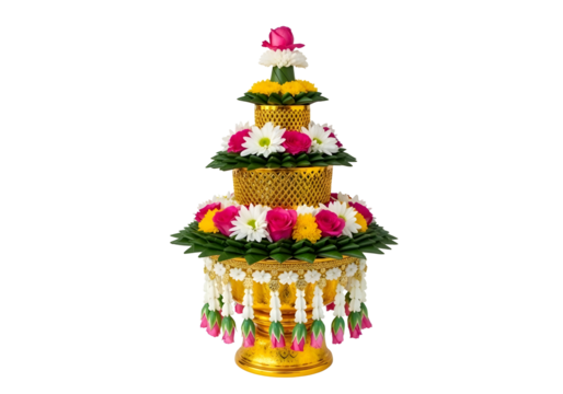 Traditional thai offering tray with flowers isolated on transparent background