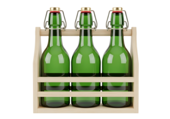 Three green swing top bottles in wooden crate isolated on transparent background