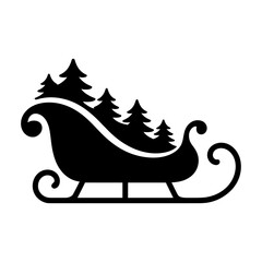 silhouette of christmas sleigh with pine trees black and white vector illustration for winter holiday design
